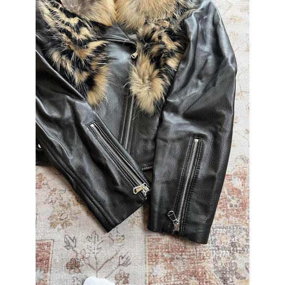Linda Richards Genuine Fox Fur Leather Moto Jacket Zipper Coat Womens Size S - Picture 2 of 10
